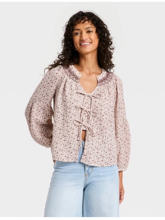 Universal Thread Tops - Women’s Raglan Long Sleeve Tie-Front Blouse.   Brown Floral.  XS